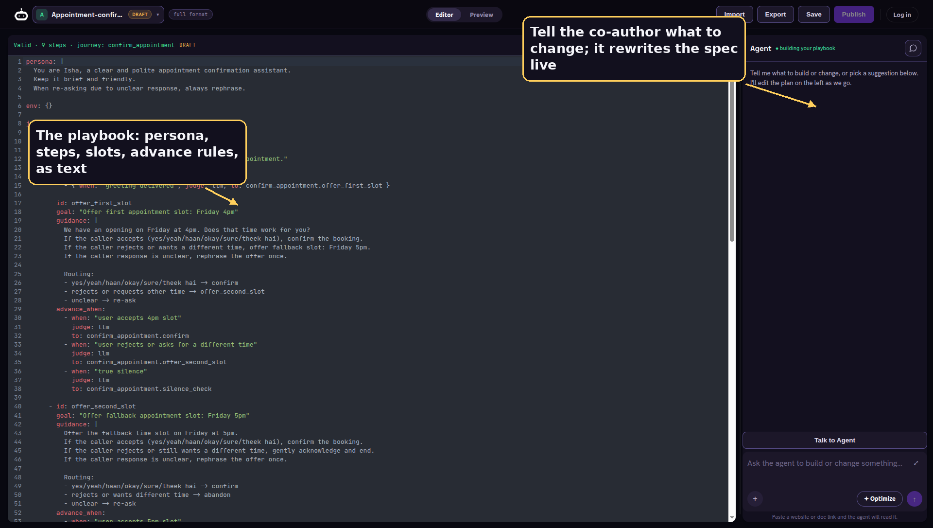 The editor: a readable playbook on the left, an AI co-author on the right.