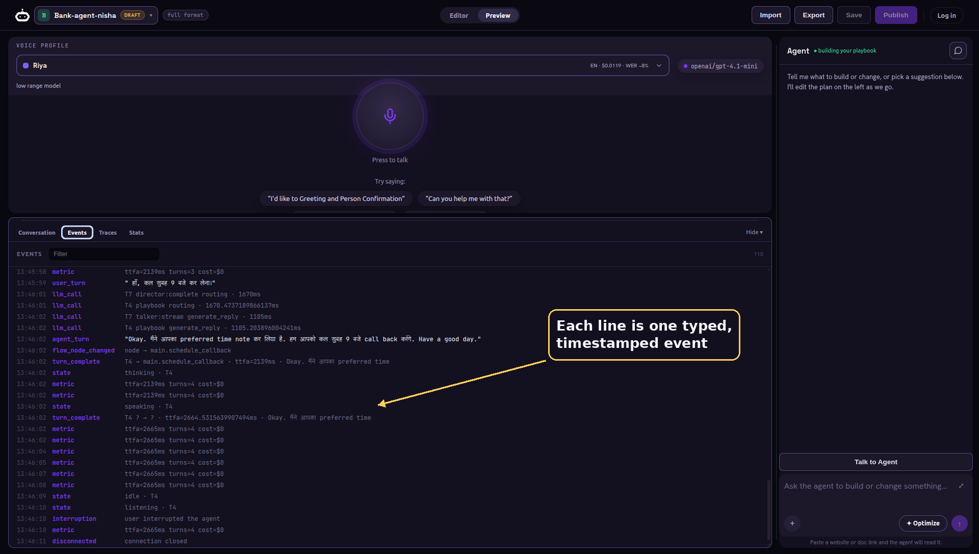 The Events tab: the append-only log the engine actually emits.