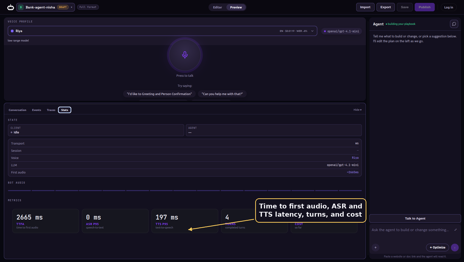 The Stats tab: live session metrics, including running cost.