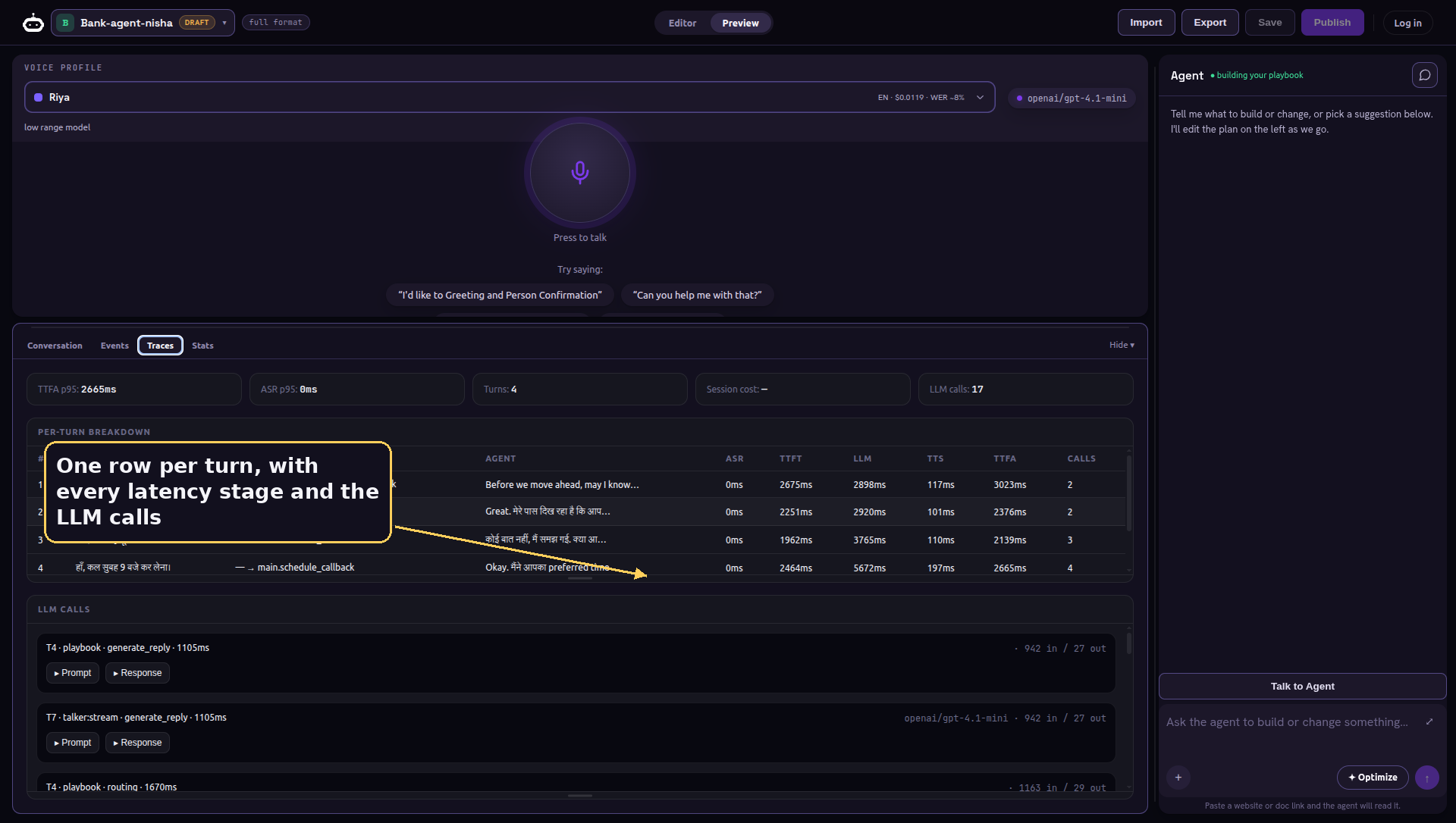 The Traces tab: a per-turn breakdown of timing and model calls.